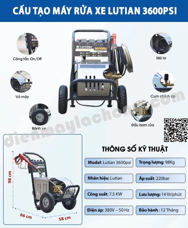 Thông số kỹ thuật máy rửa xe Lutian 7.5 kW 3600 PSI